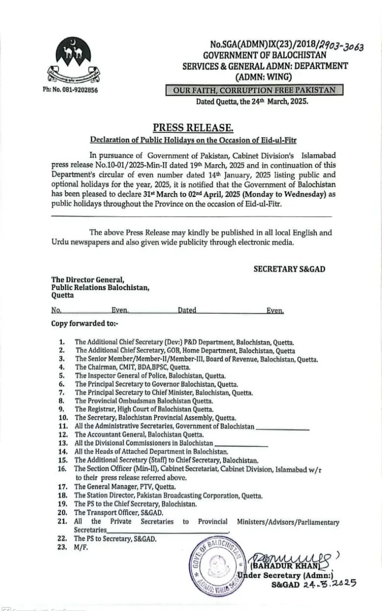 Government of Balochistan Announces Eid Holidays for 2025