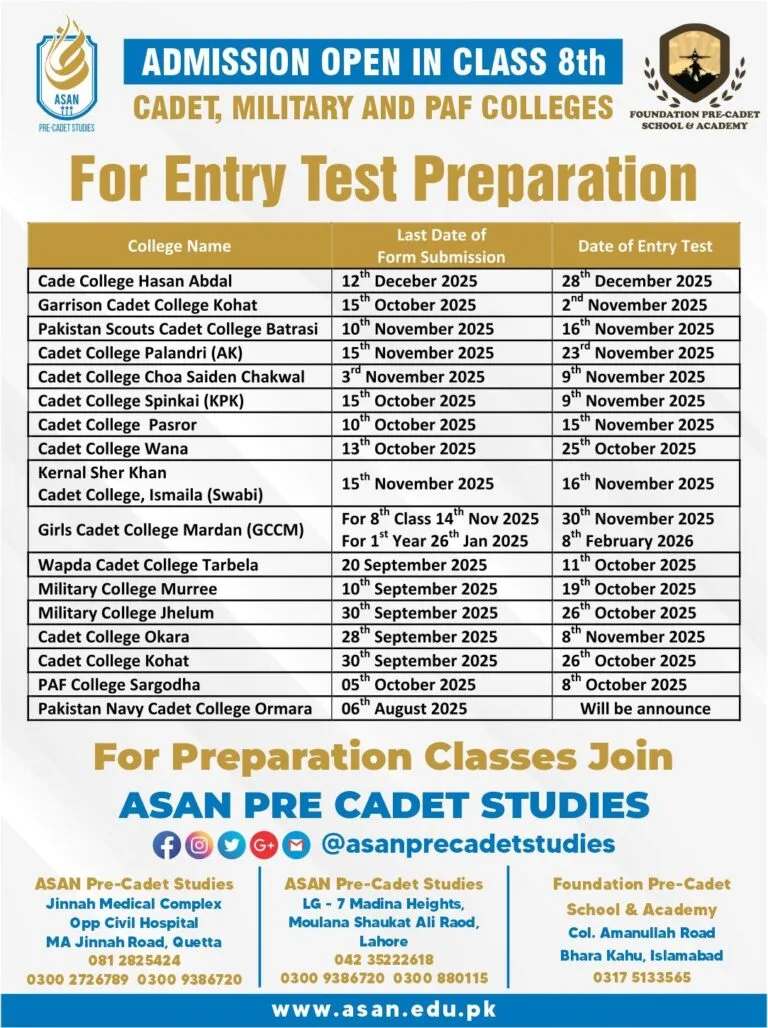 Cadet College Admission Date 2025 in Pakistan – Last Date & Entry Test Preparation